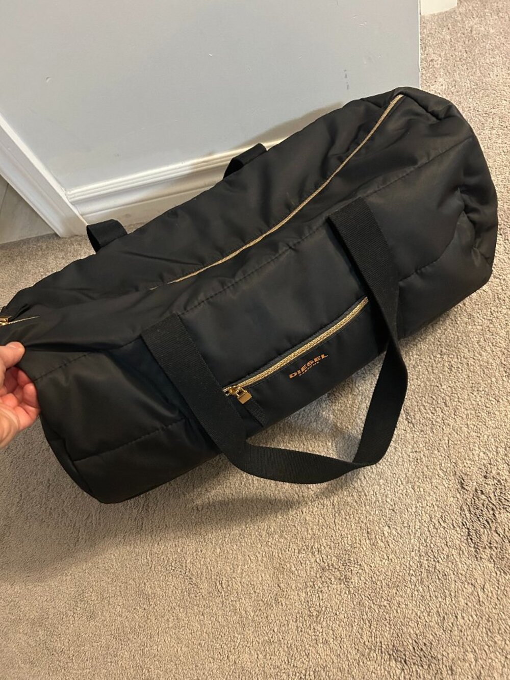 DIESEL Parfums Black Nylon Duffle Bag Gold Zippers Weekender Gym Travel Bag